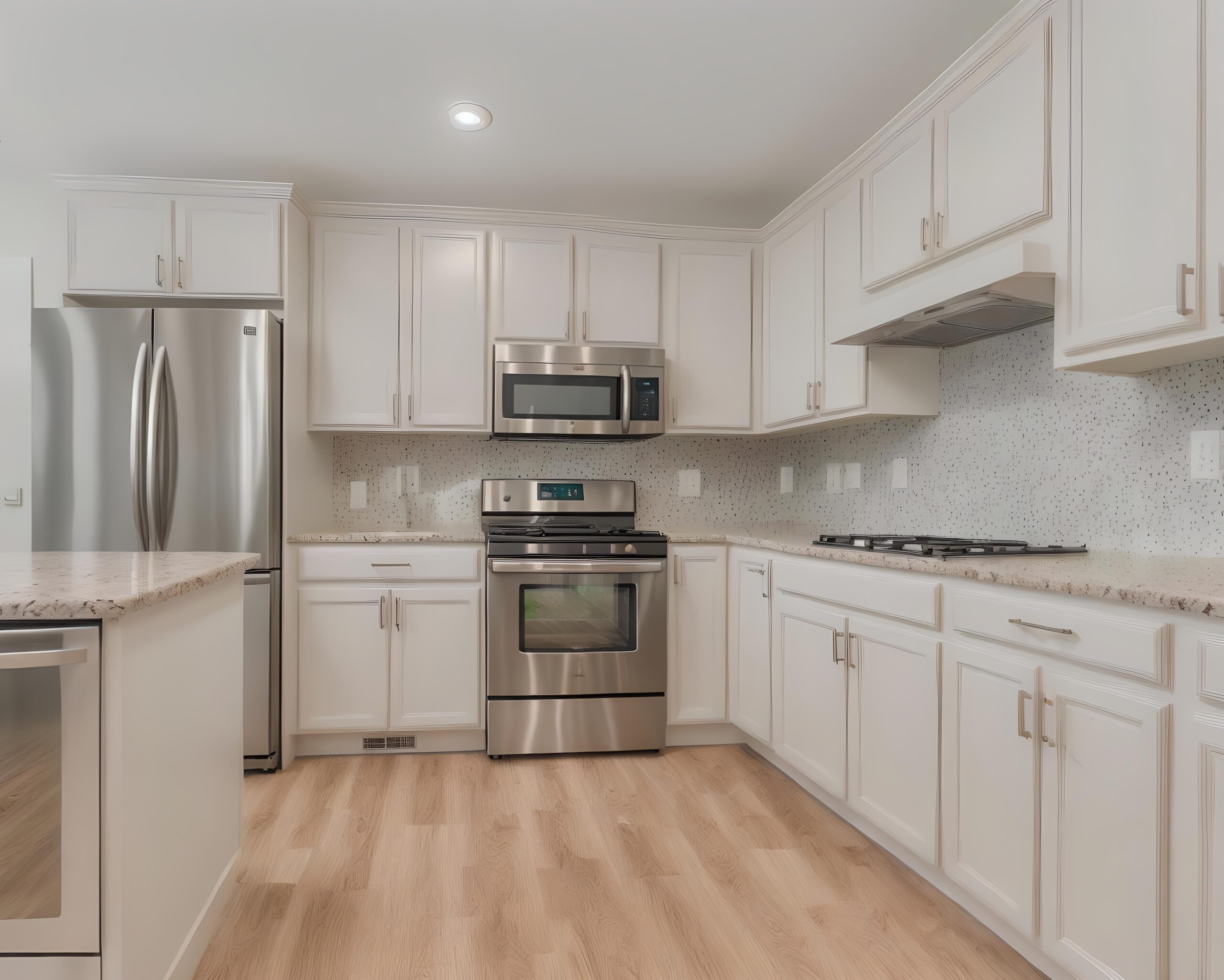 Classy and spacious kitchen with stainless steel oven, microwave, dishwasher and two door fridge. Hardwood kitchen floor with white cabinets all around the kitchen. An extra stovetop on the counter top.