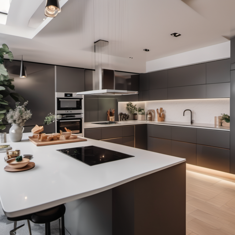 Modern kitchen with dark gray kitchen cabinets and island. Clean white walls and countertops with hardwood kitchen flooring. Two Stainless steel ovens.