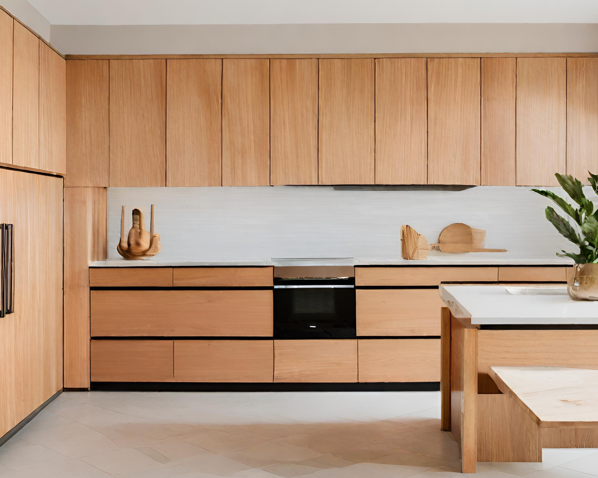 Spacious and clean remodeled kitchen with beautifully done wood cabinets. A minimalist and clean look with a similar light wooden island. The remodeled kitchen also has beautiful white stone countertops all around the kitchen making the home spacious and open. Nicely done white stone tile for the kitchen floor.